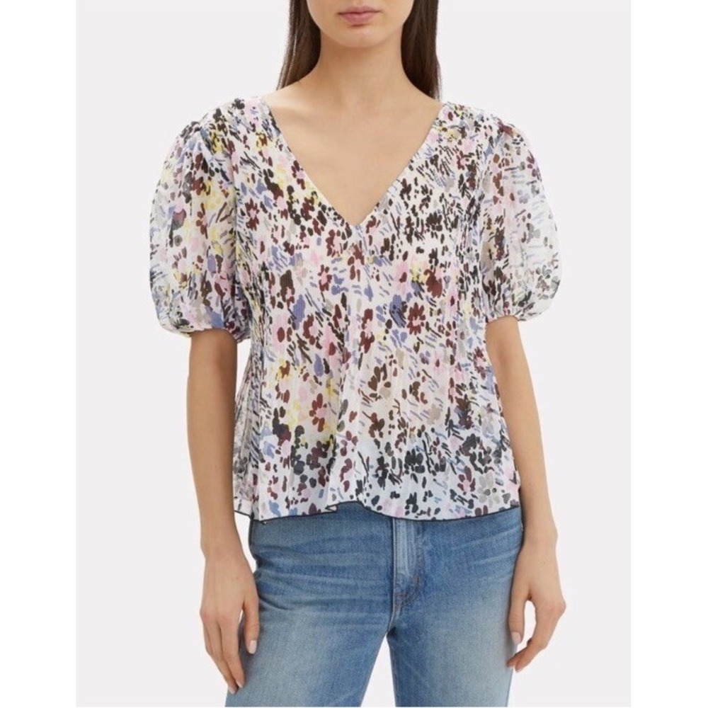 GANNI Egret Pleated Georgette Pleated V-Neck Blouse‎ Size 34 (US Size 2/XS)